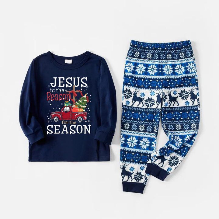 Drune | Fröhliche blaue Weihnachts-Pyjama-Set mit "Jesus ist der Grund für die Jahreszeit" Textdruck
