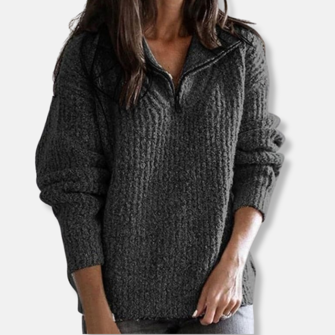 Drune | Geripptes Halb-Reißverschluss-Kragenpullover - Solider Lässiger Schnitt Pullover