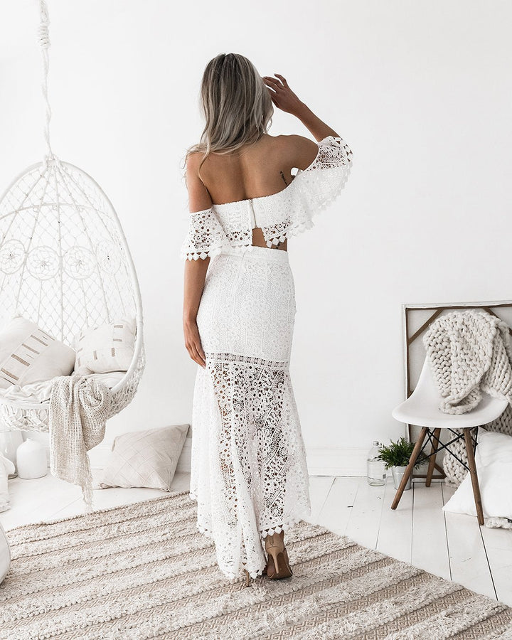 Drune | Spitze Off-Shoulder Crop Top Hoch Niedrig Rock 2-teiliges Set