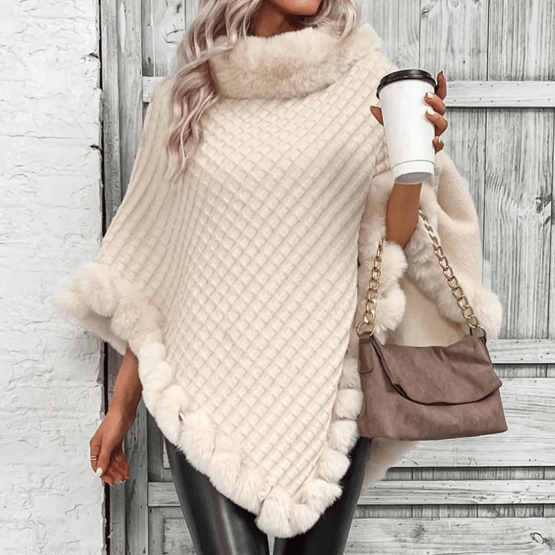 Drune | Poncho mit weicher Webstruktur – stilvoller Damenponcho mit Kragen und Kunstpelzabschluss