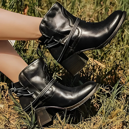 Drune | Damen Western Ankle Boots mit Wickelschnürung, Gewaschenes Leder, Dicke Absätze