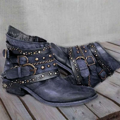 Drune | Damen Abgelebte Leder Ankle Boots, Mehrere Riemen mit Schnallen, Western Stil