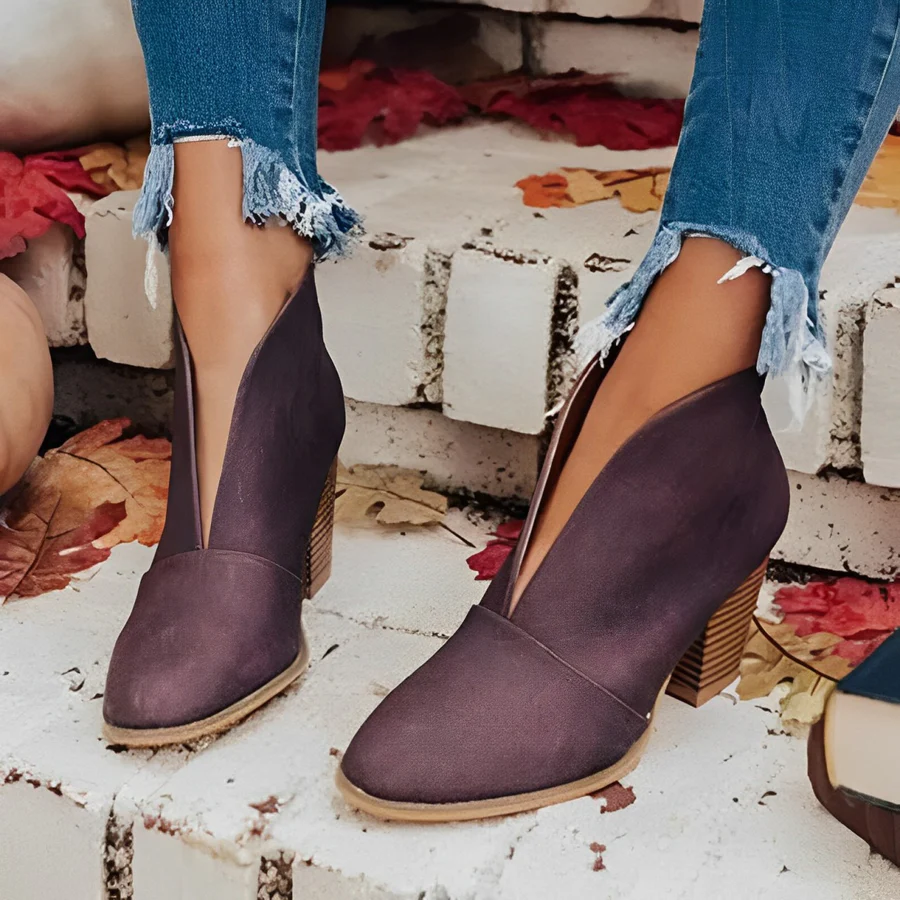 Drune | Damen Hohe Ferse Ankle Boots, V-form Öffnung, Slipper, Chic und Elegant