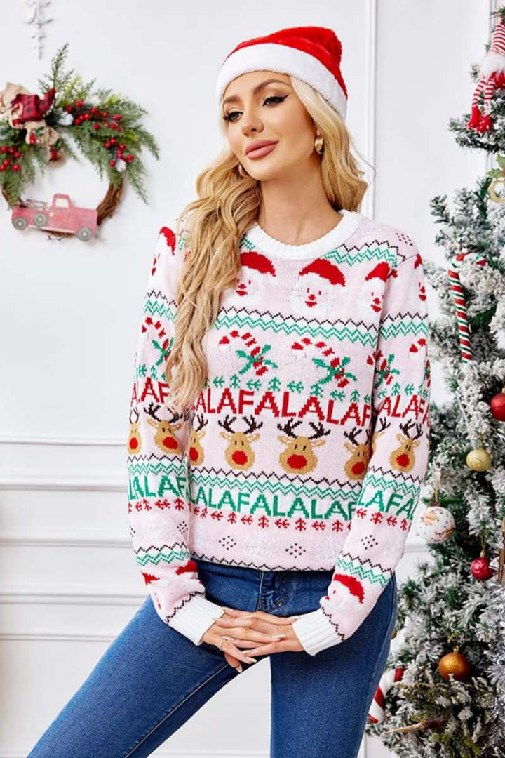 Drune | Locker Sitzende Rundhals Weihnachts Cartoon Strickpullover - Pink