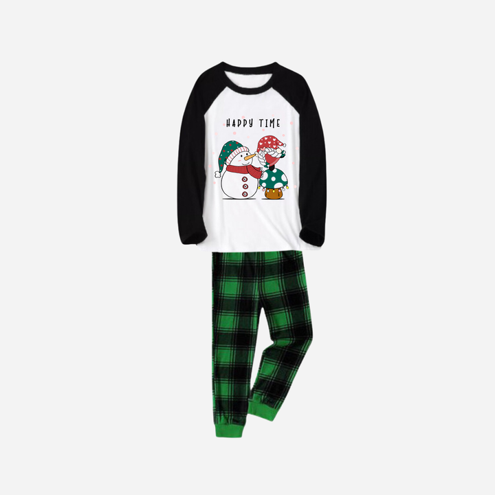 Drune | Schwarzes Raglan-Oberteil Grünes Karomuster Weihnachten Schlafanzug-Set Mit Schneemann und Gnom und "Happy Time" Textdruck