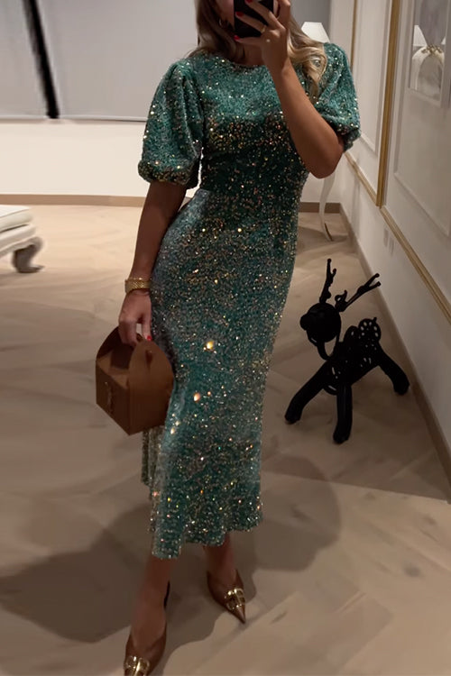Drune | Puff Kurzarm Tailliertes Pailletten Midi Partykleid