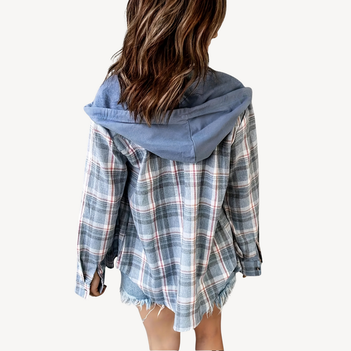 Drune | Damen Karierte Button-Down Hemdjacke mit Kapuze