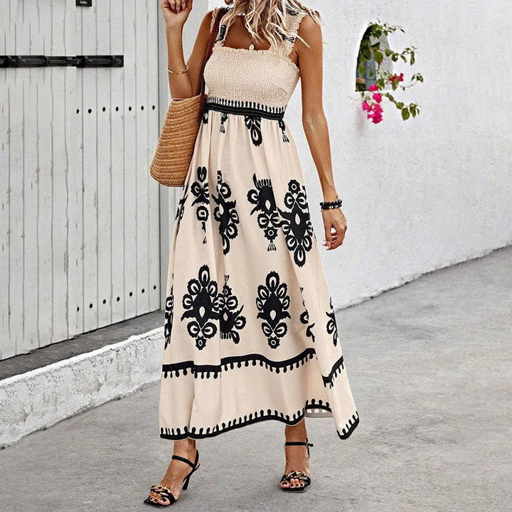 Drune Retro Kleid | Langes Kleid mit Retro-Druck und Schulterriemen