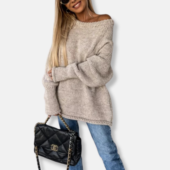 Drune | Sweatshirt - Chunky Knit - Oversized Fit - Off-Shoulder Neck - Balloonärmel
