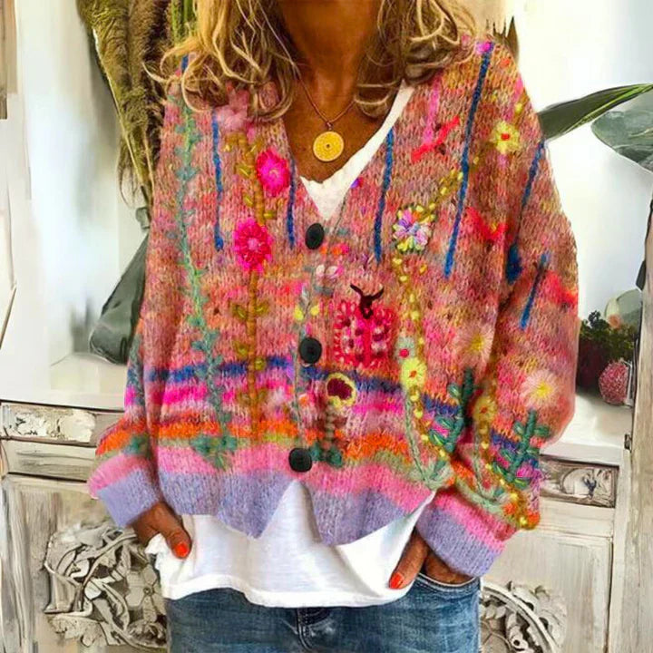Drune | Strickjacke mit Blumenknöpfen für Frauen