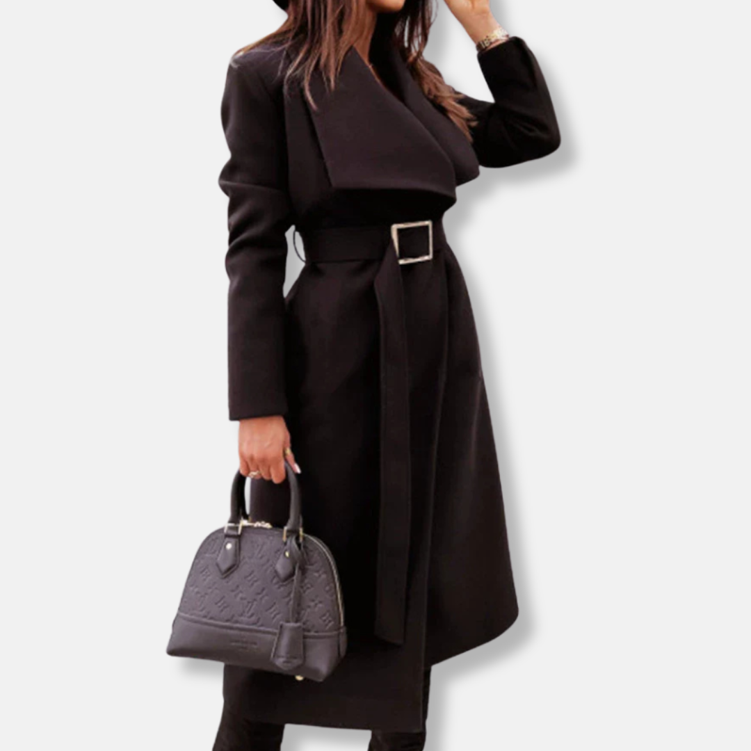 Drune | Damen Langmantel – Lässig Taillierte Passform – Wollmischung – Drapierte Revers – Gürtel Taille