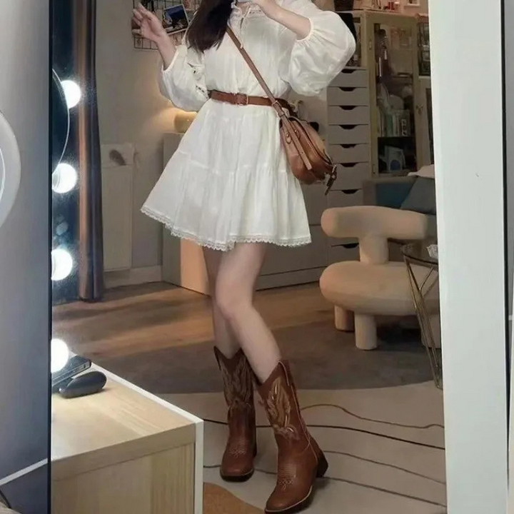 Drune | Western Stil Stiefel Damen mit Spitzem Kopf und Blockabsatz, Cowboy Stiefel Damen