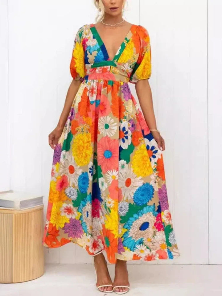 Drune Floral Sommerkleid | Luftiges elegantes Sommerkleid mit V-Ausschnitt und Bubble Sleeves und Blumendruck