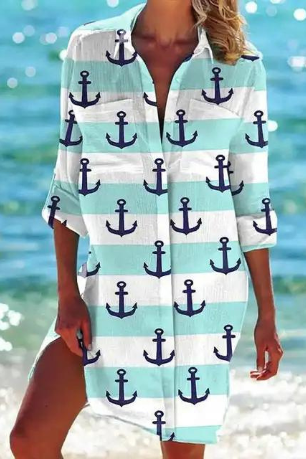Drune - Lange Strandbluse mit Meeresmotiv