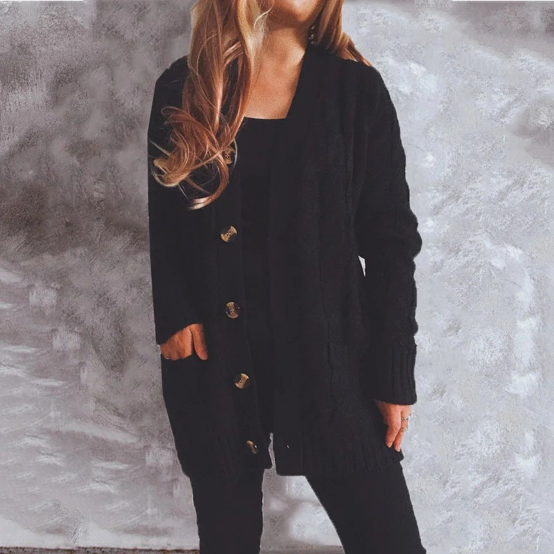 Drune | Wollstrickjacke Damen Mit Zopfmuster Und Holzknöpfen, Lockere