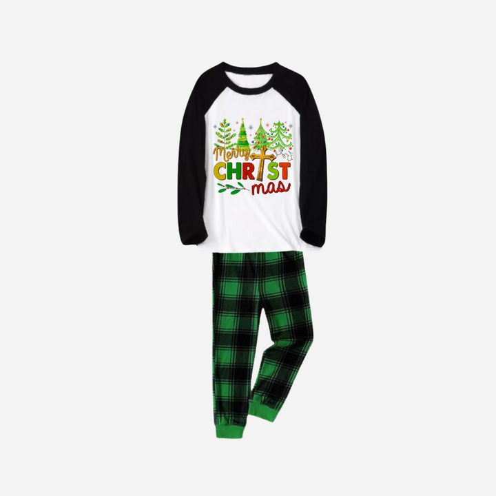 Drune | Fröhliche Weihnachtsbaum-Familien-Weihnachtspyjama-Set - Schwarzes und weißes Oberteil mit grünen Karohosen