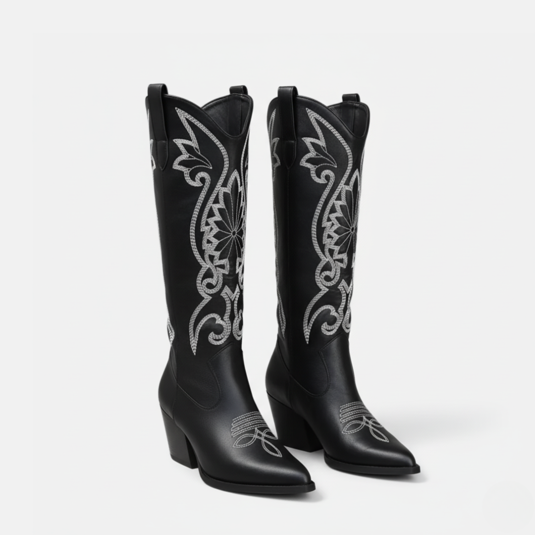 Drune | Stiefel - Kunstleder - Knielang - Bestickt Western - Blockabsatz