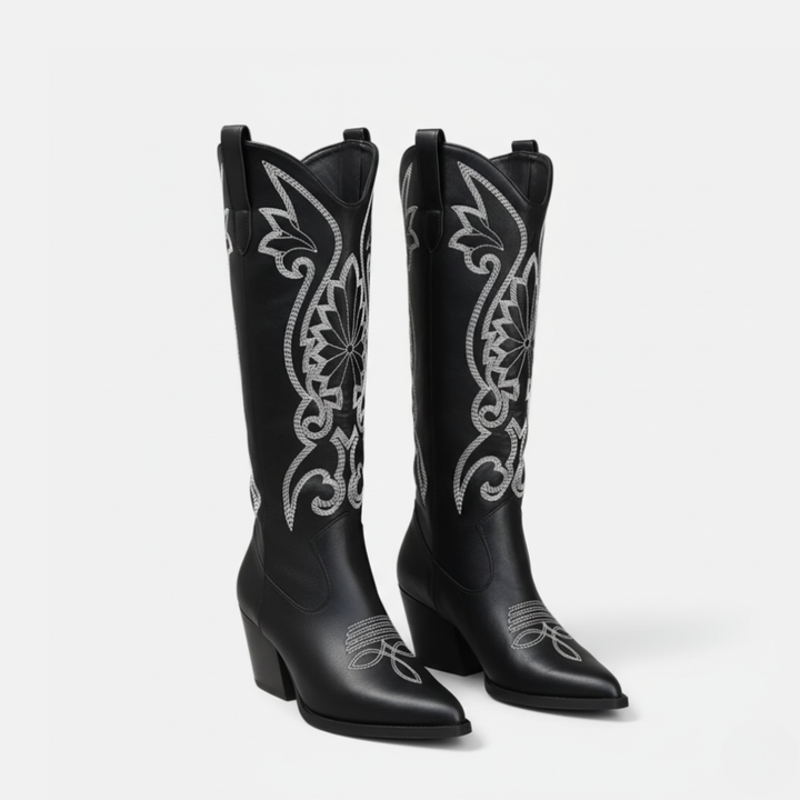 Drune | Stiefel - Kunstleder - Knielang - Bestickt Western - Blockabsatz