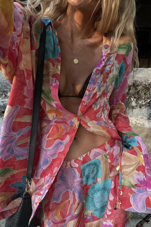 Drune | Rosiedress Langarm Bluse mit Knopfleiste und Weite Hosen Blumenmuster Set