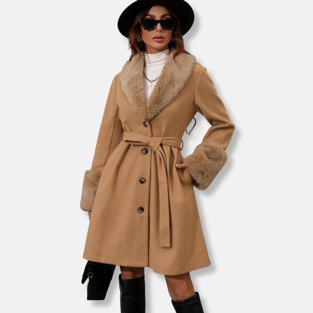 Drune | Trenchcoat - Taillierte Passform - Fellkragen & -ärmeln - Mittellange, Gürtelstil