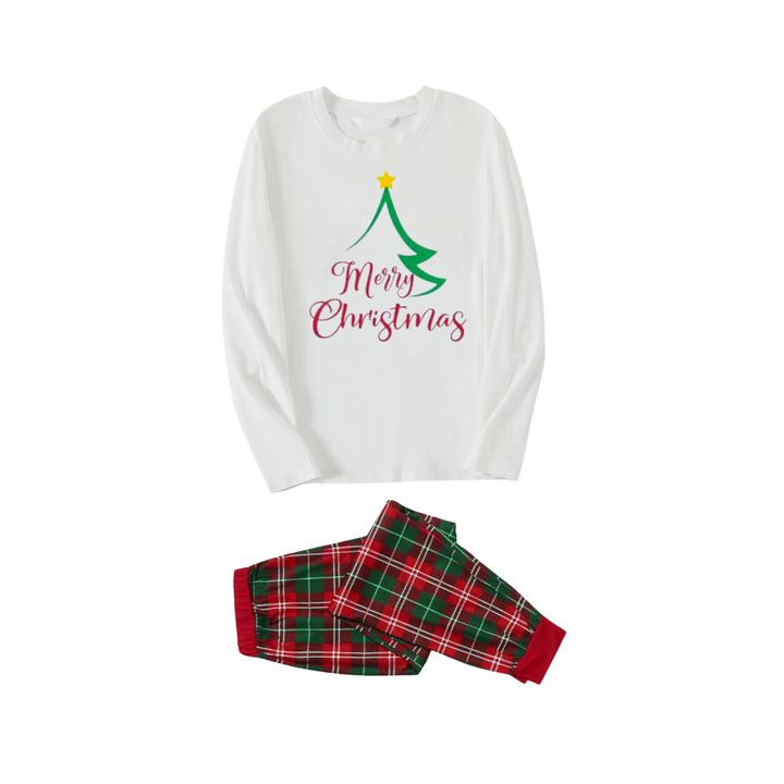 Drune | Weihnachtsbaum von Form mit Sternen und "Frohe Weihnachten" künstlerischer Schrift Weißes Langarmshirt mit roten und grünen karierten Hosen Familie passende Pyjamas