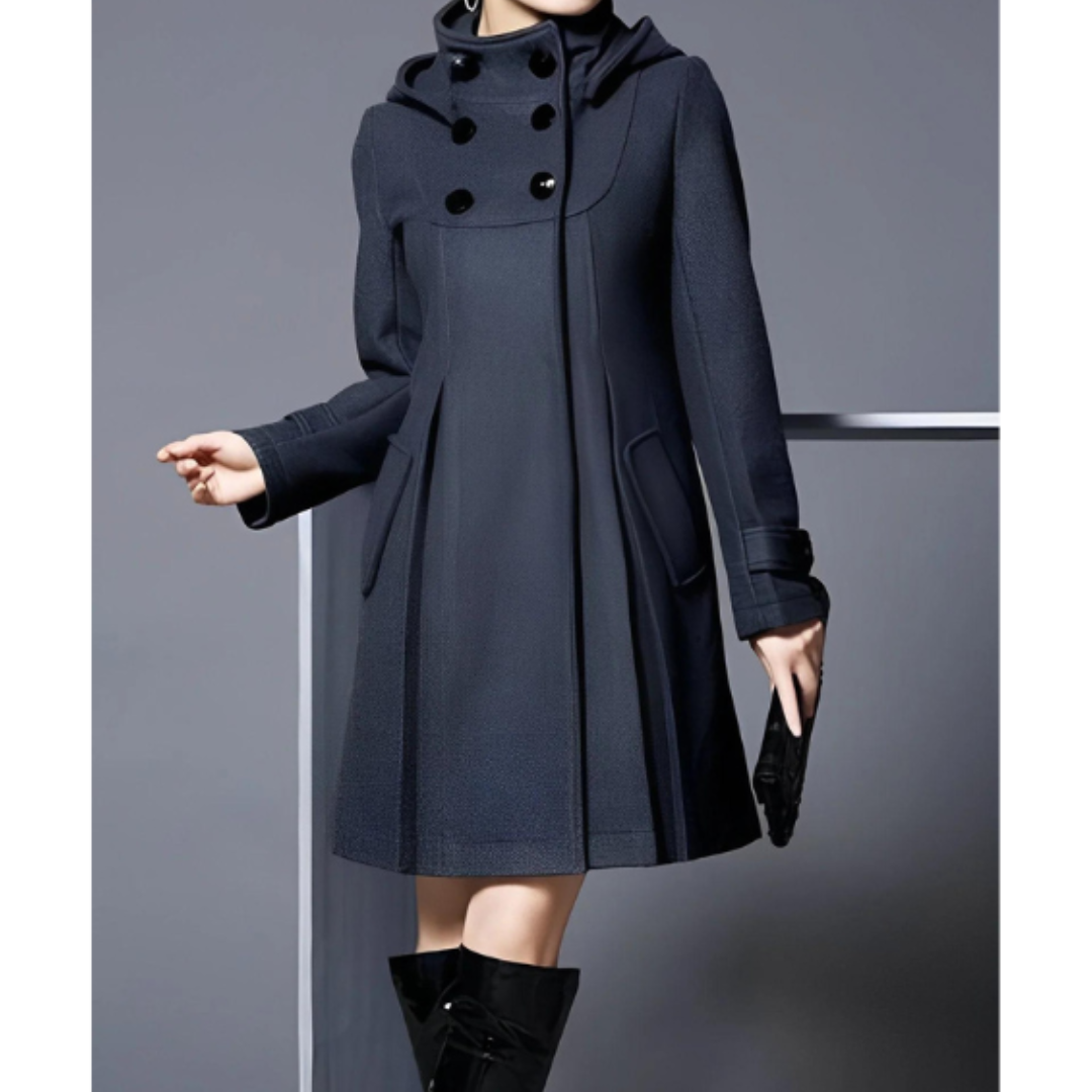 Drune | Wollmischung Kapuzenmantel - Doppelreiher A-Linie Jacke - Elegante Mittel-Längen Außenbekleidung