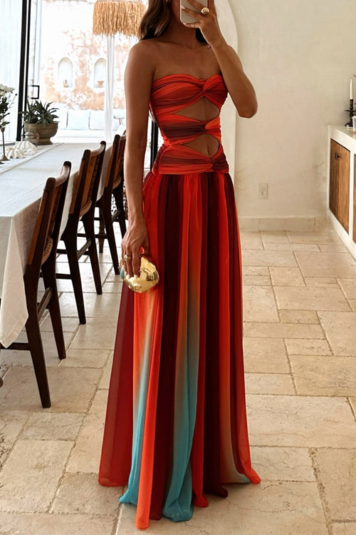 Drune | Strapless Twist Front Cut Out Farbiges Mesh Maxi Kleid