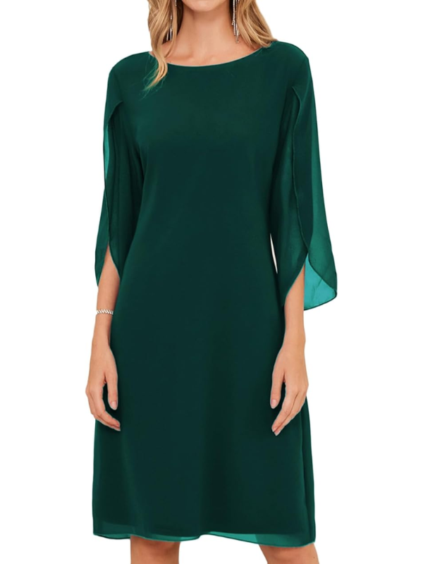 Drune | Shift Kleid Knielang Bateau Ausschnitt Dreiviertel Schlitzärmel Fließend