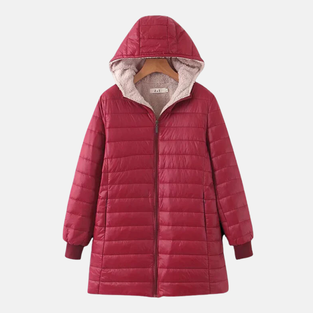 Drune | Damen Steppmantel – Mittellanger, lockerer Schnitt – Fleece-Hood – Wasserabweisend – Reißverschluss vorne