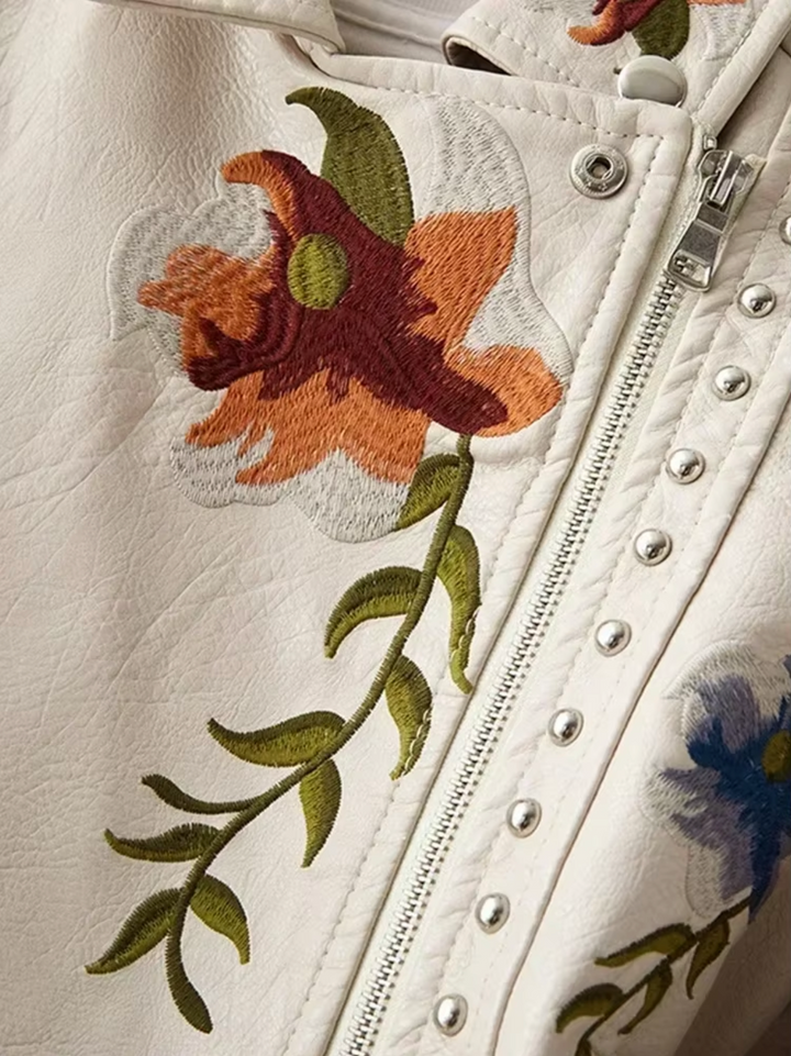 Drune | Lederjacke Taillierte Passform Bestickte Blumen Nieten Biker Stil