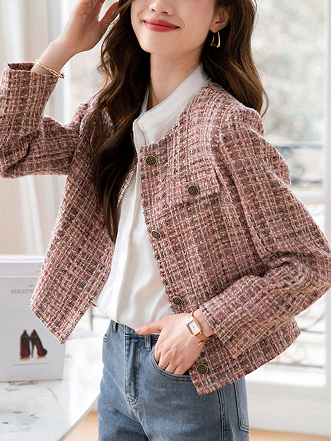 Drune | Elegante Rundhals-Pink-Tweed-Jacke