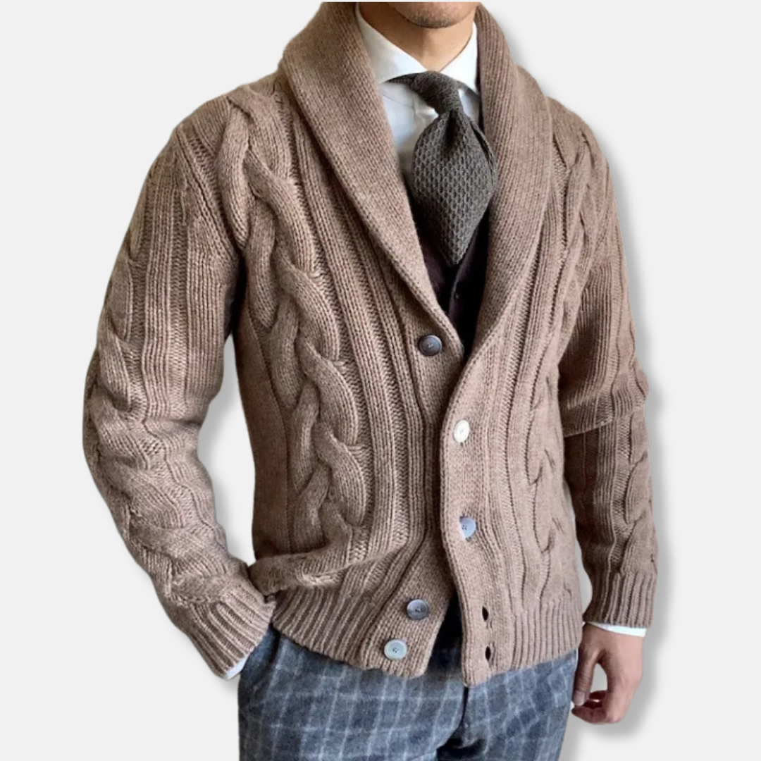 Drune | Strickjacke Wollmischung Reguläre Passform Kabelstrick Schalkragen Knopfverschluss