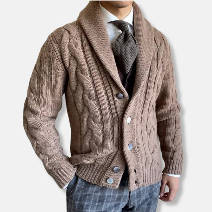 Drune | Strickjacke Wollmischung Reguläre Passform Kabelstrick Schalkragen Knopfverschluss