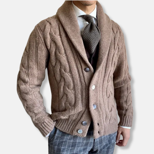 Drune | Strickjacke Wollmischung Reguläre Passform Kabelstrick Schalkragen Knopfverschluss
