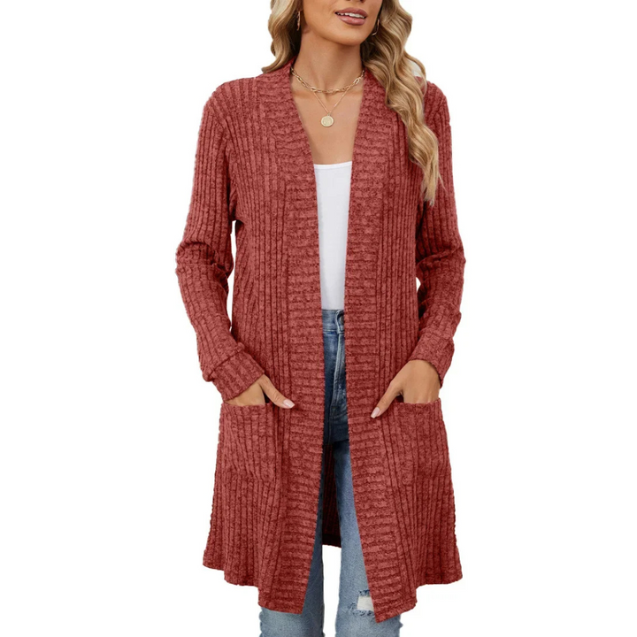 Drune | Lange Strickjacken Damen Gerippte Offene Vorderseite Jacke mit Taschen