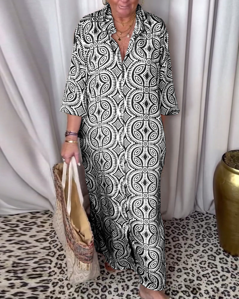 Drune | Vintage Bedrucktes Maxikleid mit Reverstaschen