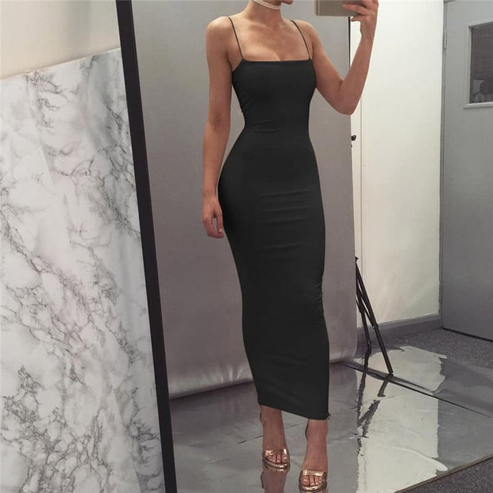 Drune | Bodycon Kleid Midi Länge Spaghettiträger Elegant und Figurbetont