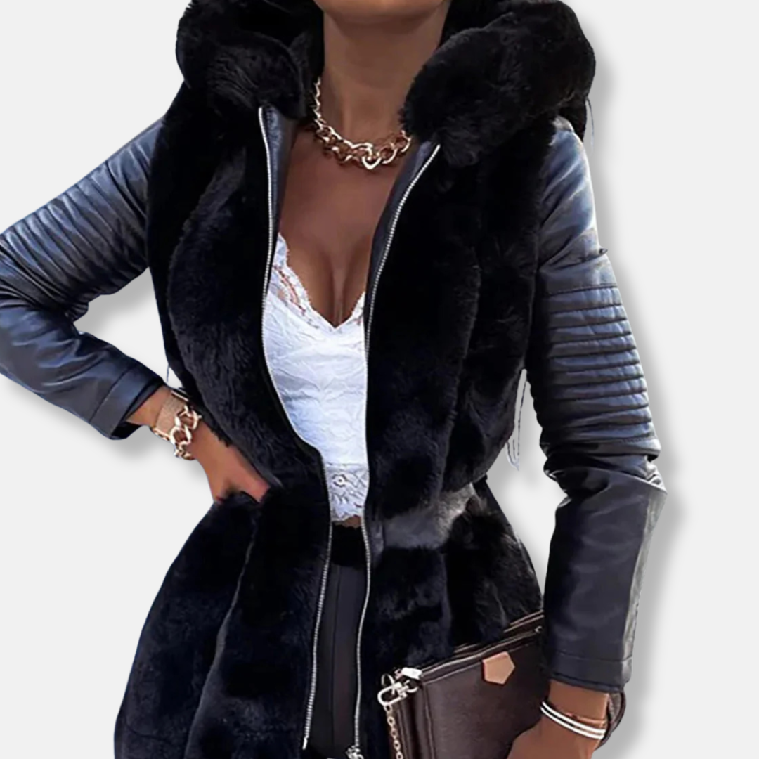 Drune | Damen Mid-Length Mantel – Faux Fur Front – Taillierte Passform – Gürtelschlaufe in der Taille – Lange Ärmel