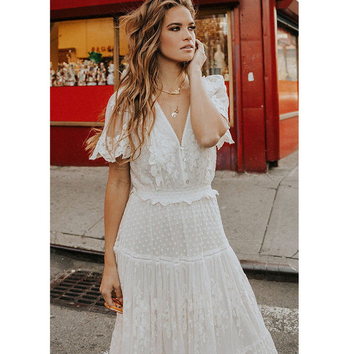 Drune | Chiffon Spitze Kurze Ärmel Boho V-Ausschnitt Maxi Kleid