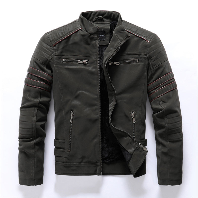 Drune | Herren Bikerjacke - Stehkragen mit rotem Streifendetail