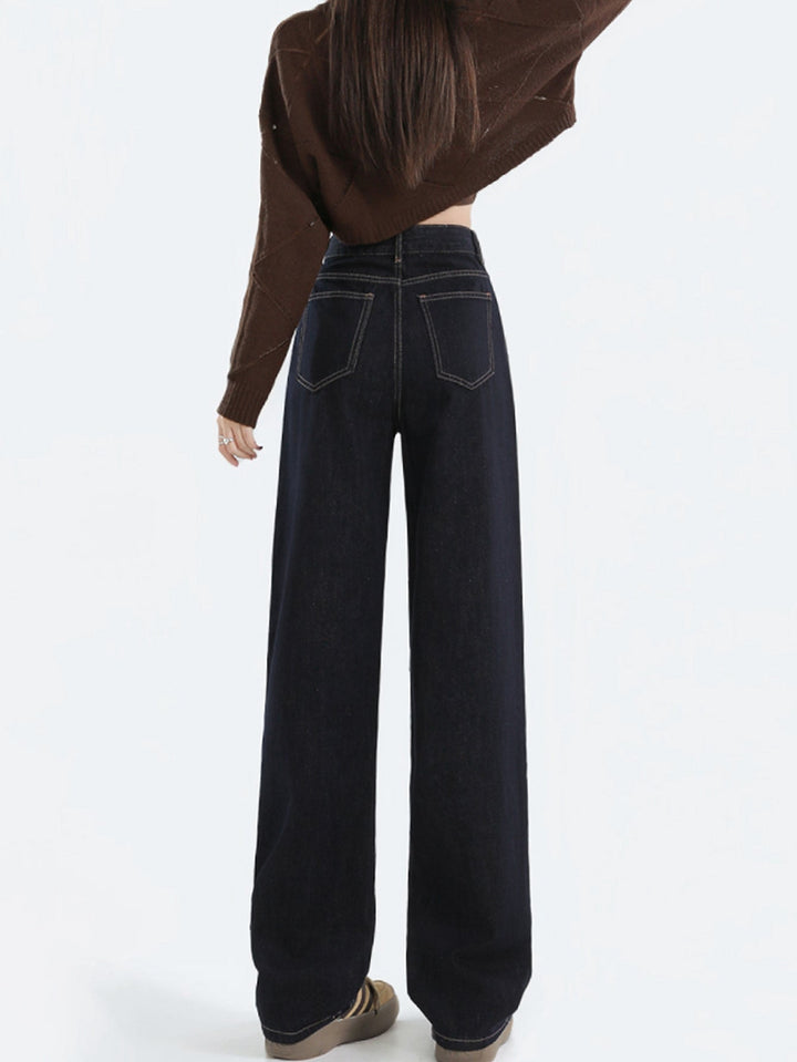 Drune | Lockere Dunkle Hohe Taillen Bodenlange Denim Hose