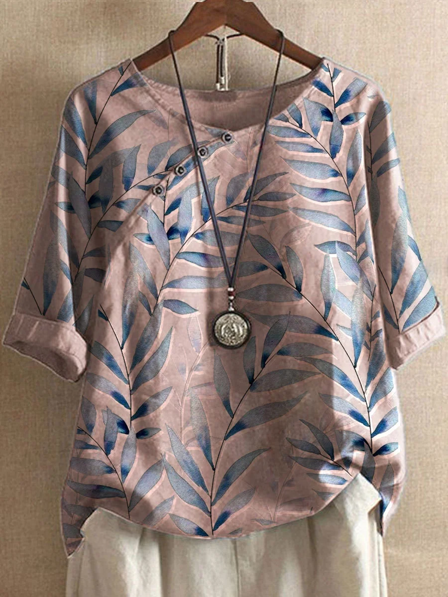 Drune | Freizeit-T-Shirts aus Baumwolle und Leinen, mit Sommerblumenmotiven und Knöpfen