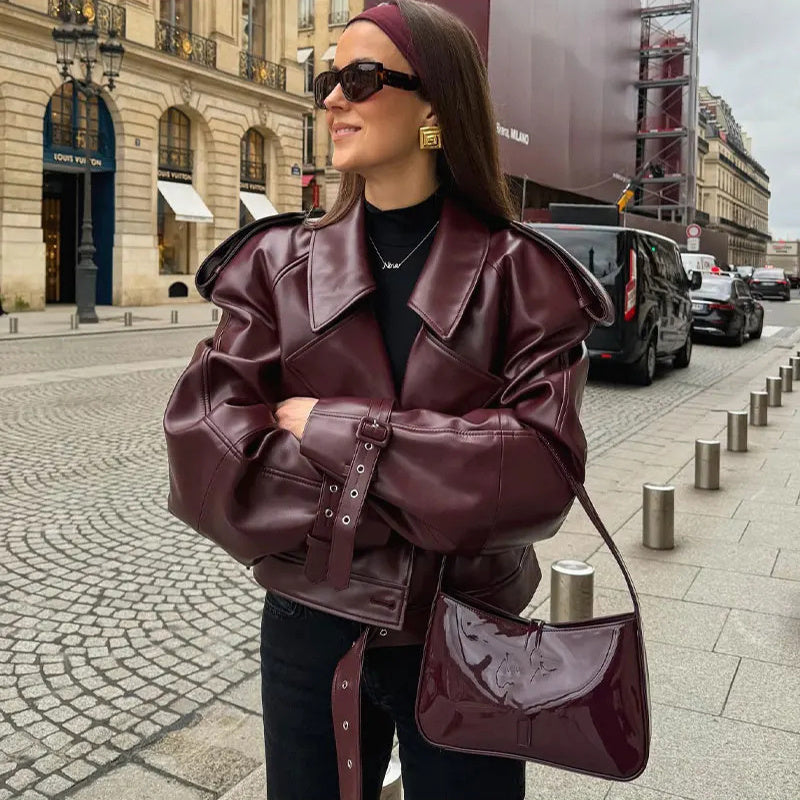 Drune | Kurzjacke Aus Luxuriösem Bordeaux Glänzendem Leder