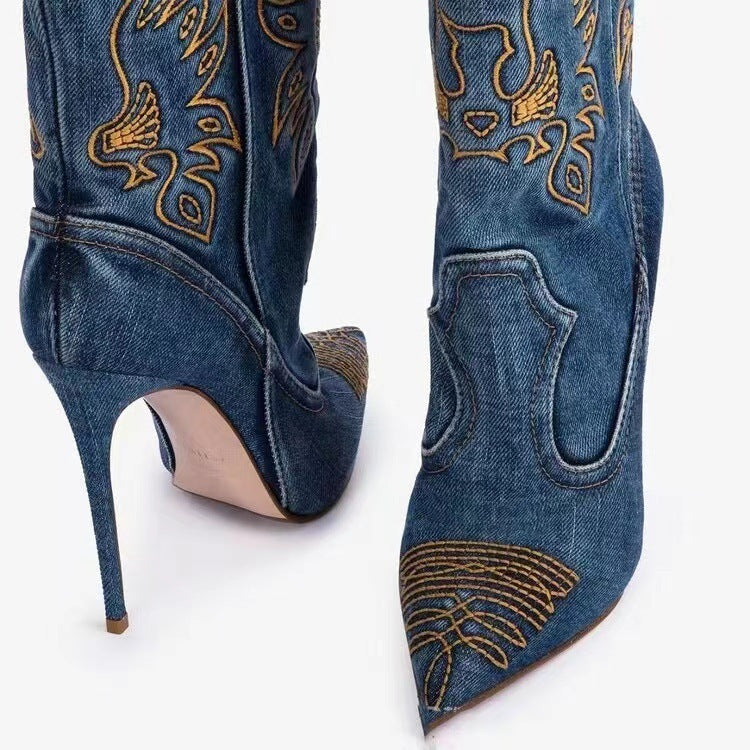 Drune | Damenmode Western Denim Stil High Heels Stiefel