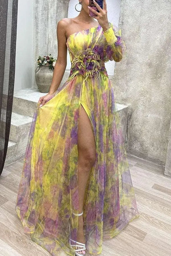 Drune | Long party dress with off-the-shoulder, split print.