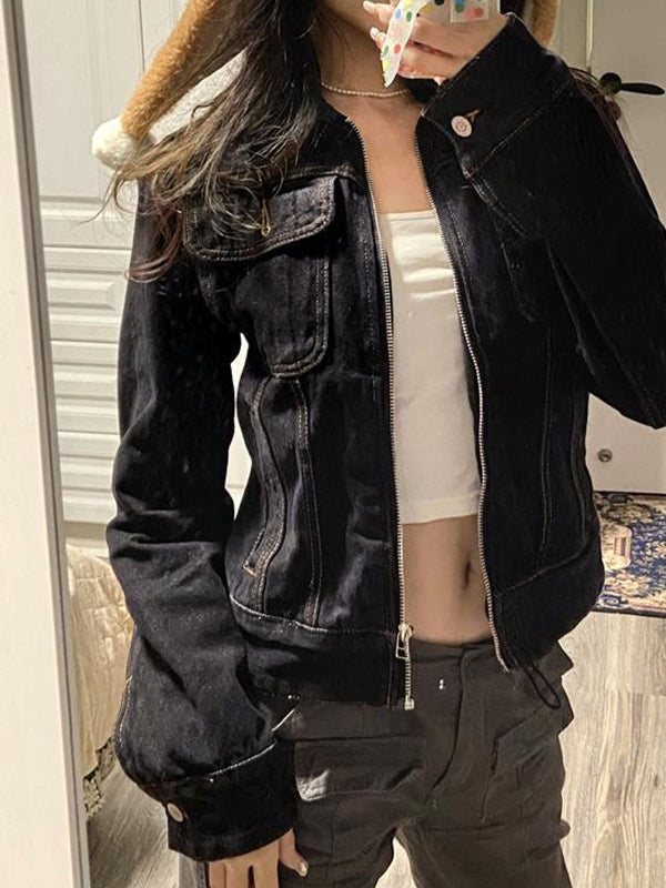 Drune | Schwarze Denim Reverskragen Zip-Up Kurze Jacke