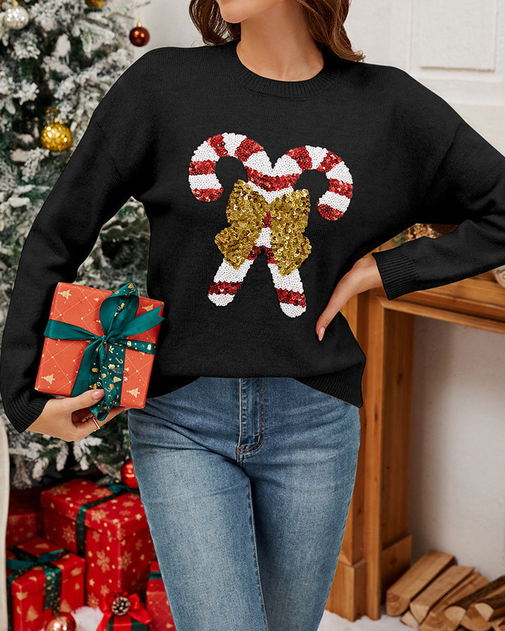 Drune | Weihnachtszuckerstangen-Schleifen-Pailletten-Pullover