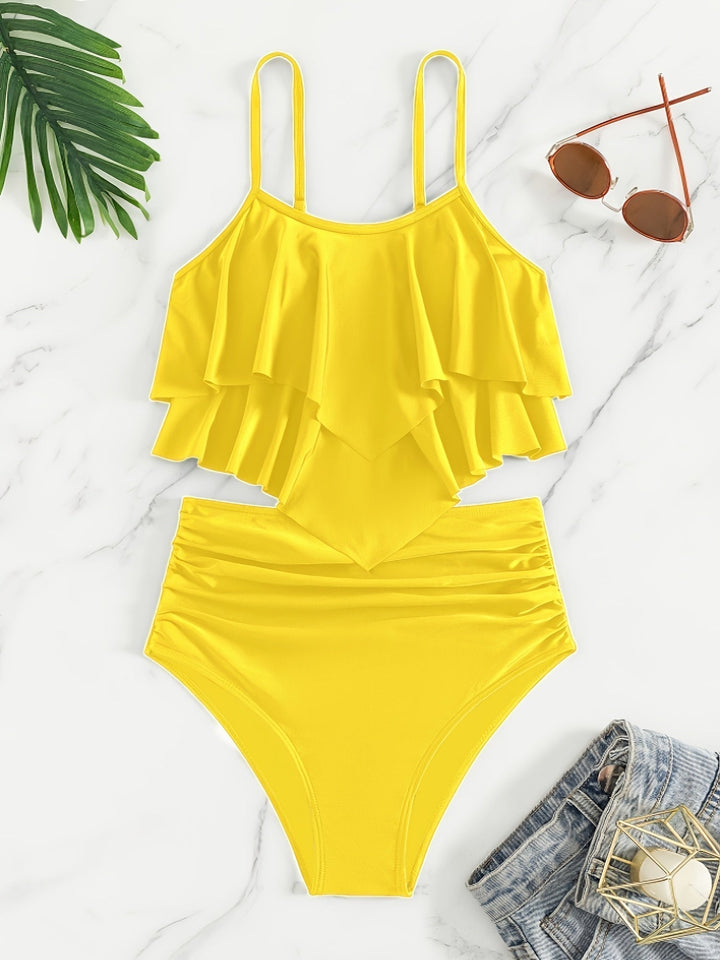 Drune | Raffung, Geschichtete Zweiteiliges Schwarzes Tankini für Damen