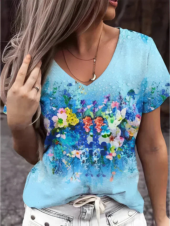 Drune | T-Shirt mit V-Ausschnitt und Floralem Druck