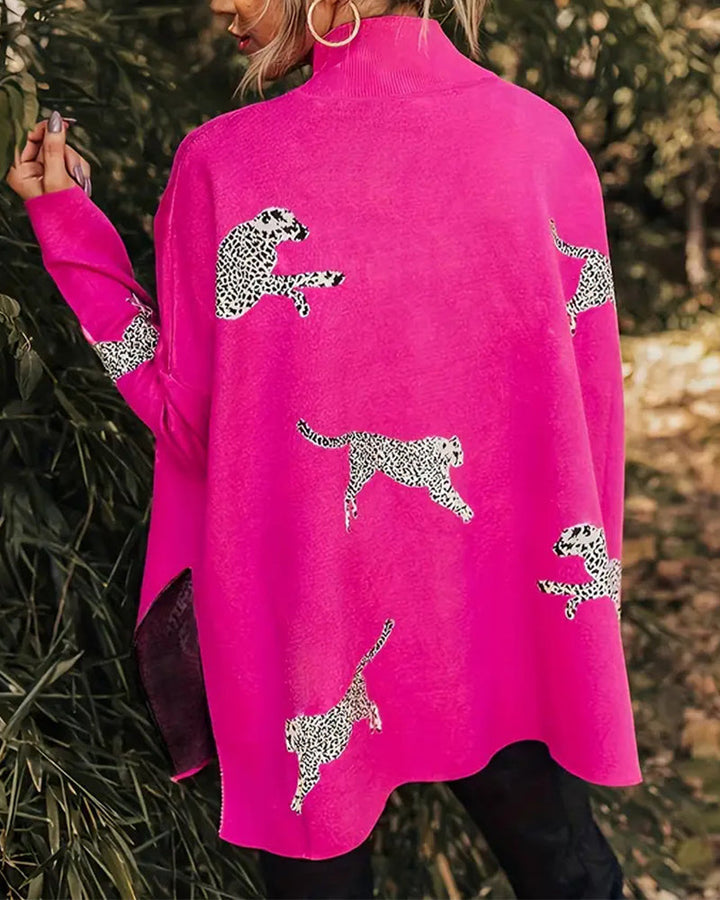 Drune | Stilvoller Lockerer Pullover mit Hohem Kragen und Leopardenmuster
